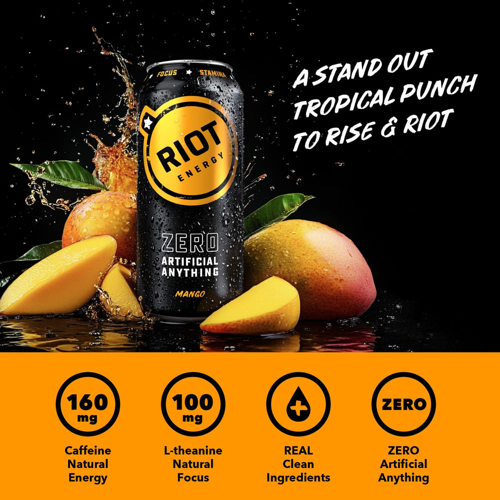 RIOT Energy Mango label graphics highlight 160 mg caffeine and L-Theanine.