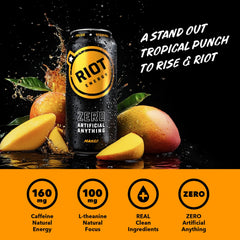RIOT Energy Mango label graphics highlight 160 mg caffeine and L-Theanine.
