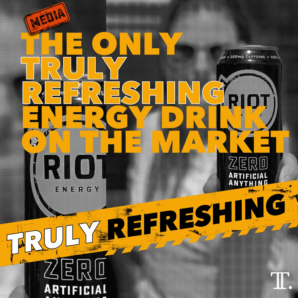RIOT Energy Mango refresh setup suggests a quick tropical pick-me-up between tasks.