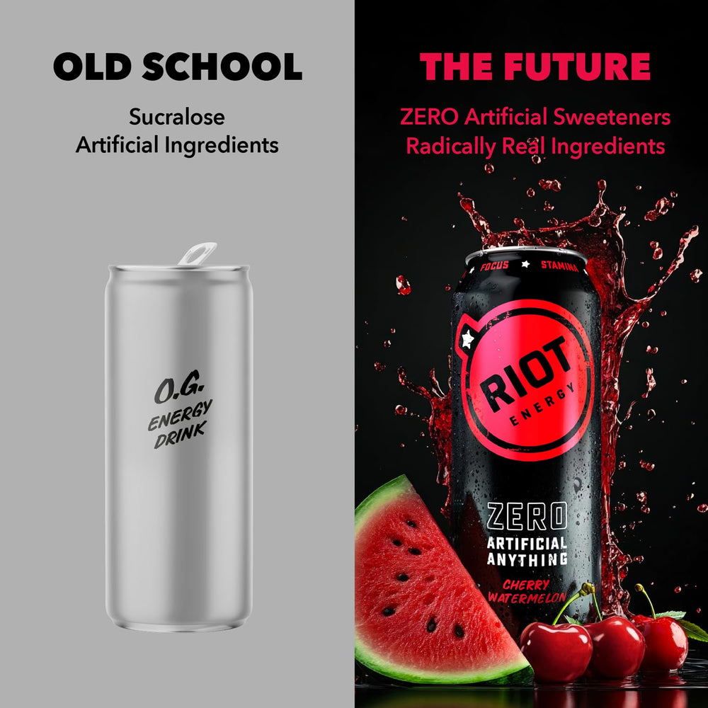 RIOT Energy pack of 12 cherry watermelon cans, ideal for on-the-go energy.