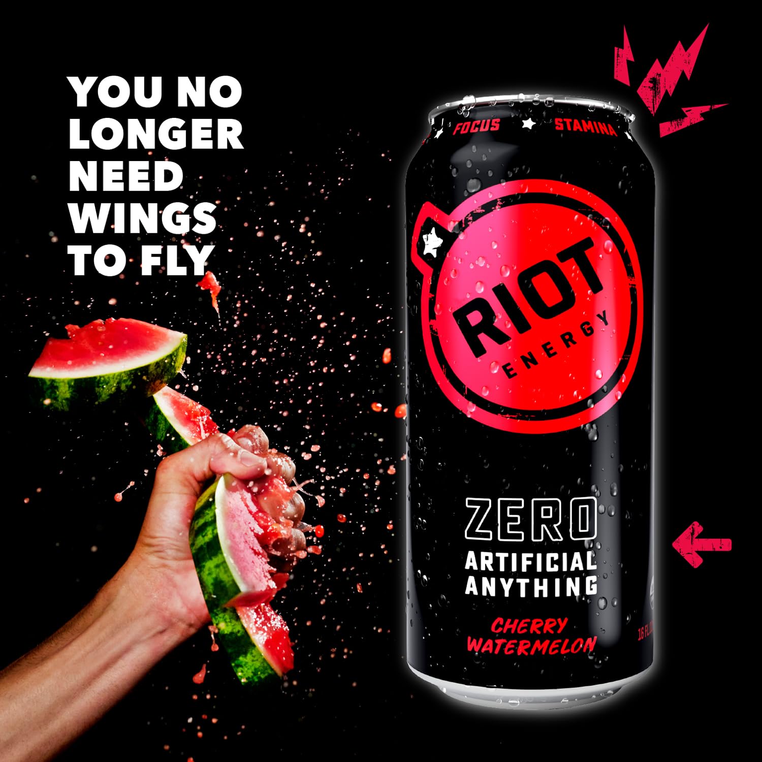 RIOT Energy cherry watermelon can being poured for refreshing taste and steady lift.