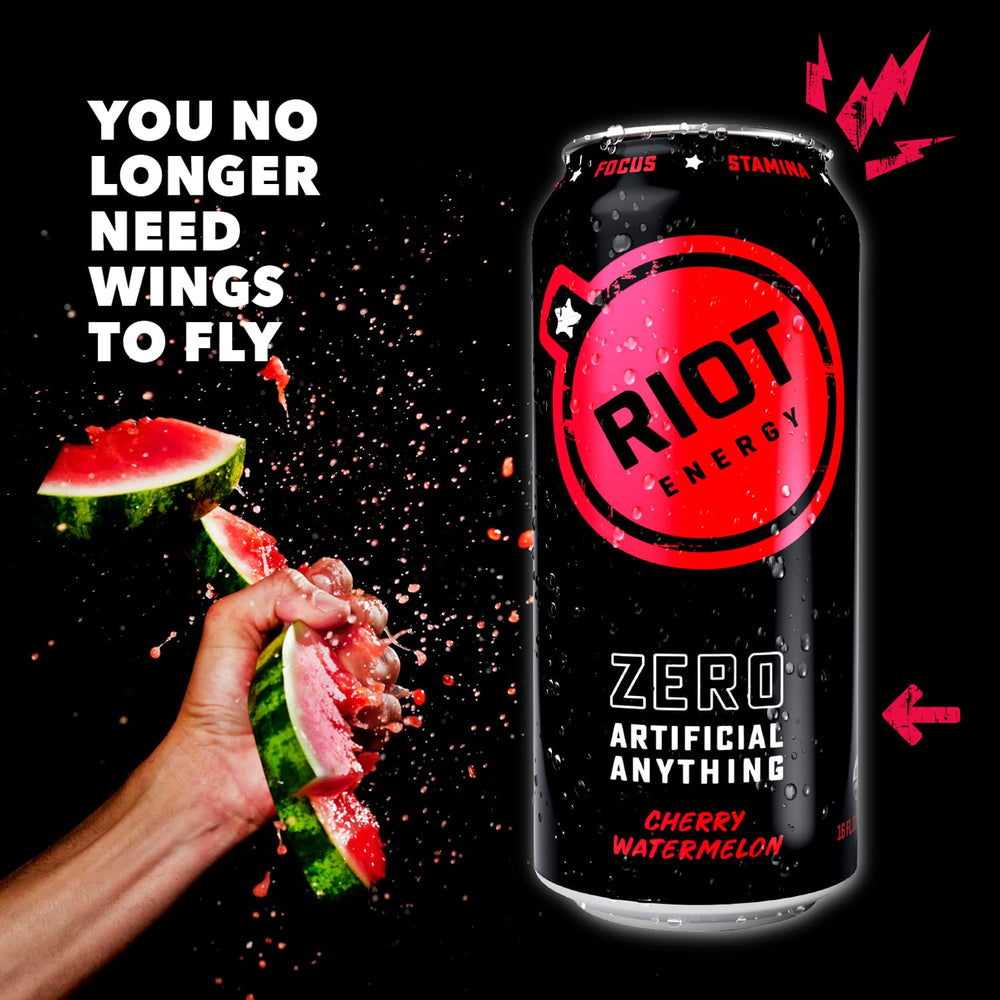 RIOT Energy cherry watermelon can being poured for refreshing taste and steady lift.