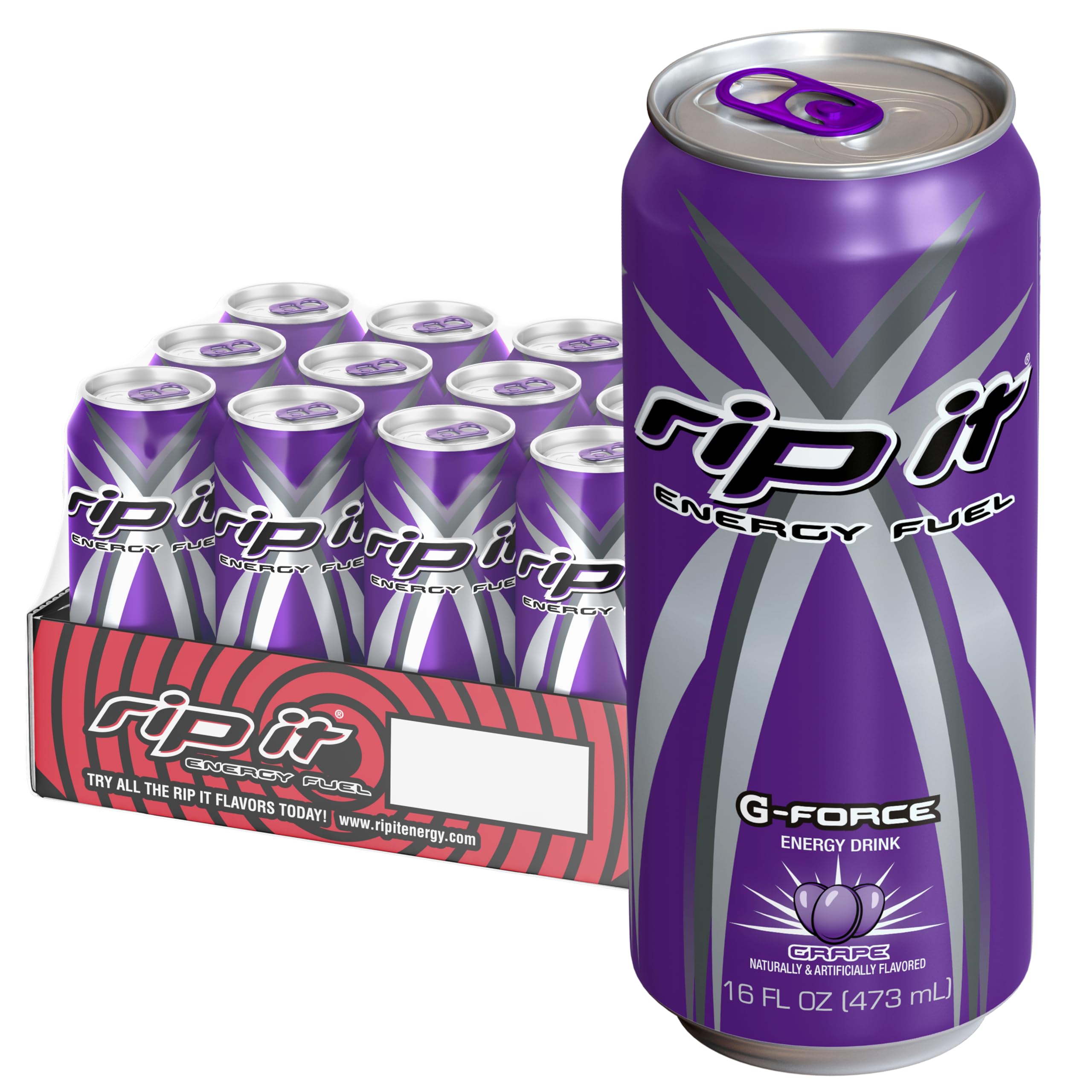 Rip It G-Force grape can front view, delivering bold energy for workouts and study sessions