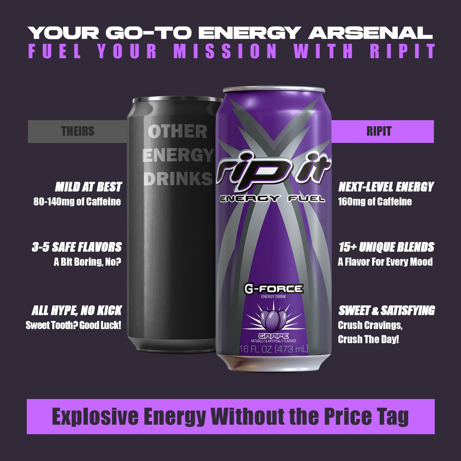 Rip It G-Force grape pouring into a glass, signaling quick refresh and a mental focus boost