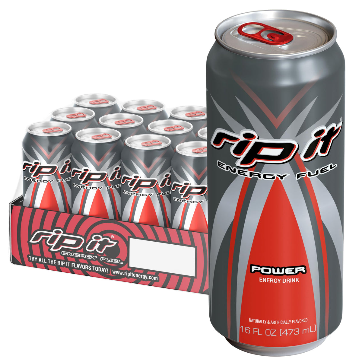 Rip-It Power energy drink front view showing sharp citrus flavor and smooth finish