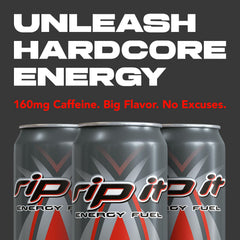 Rip-It Power label closeup emphasizing vitamins and bold citrus notes
