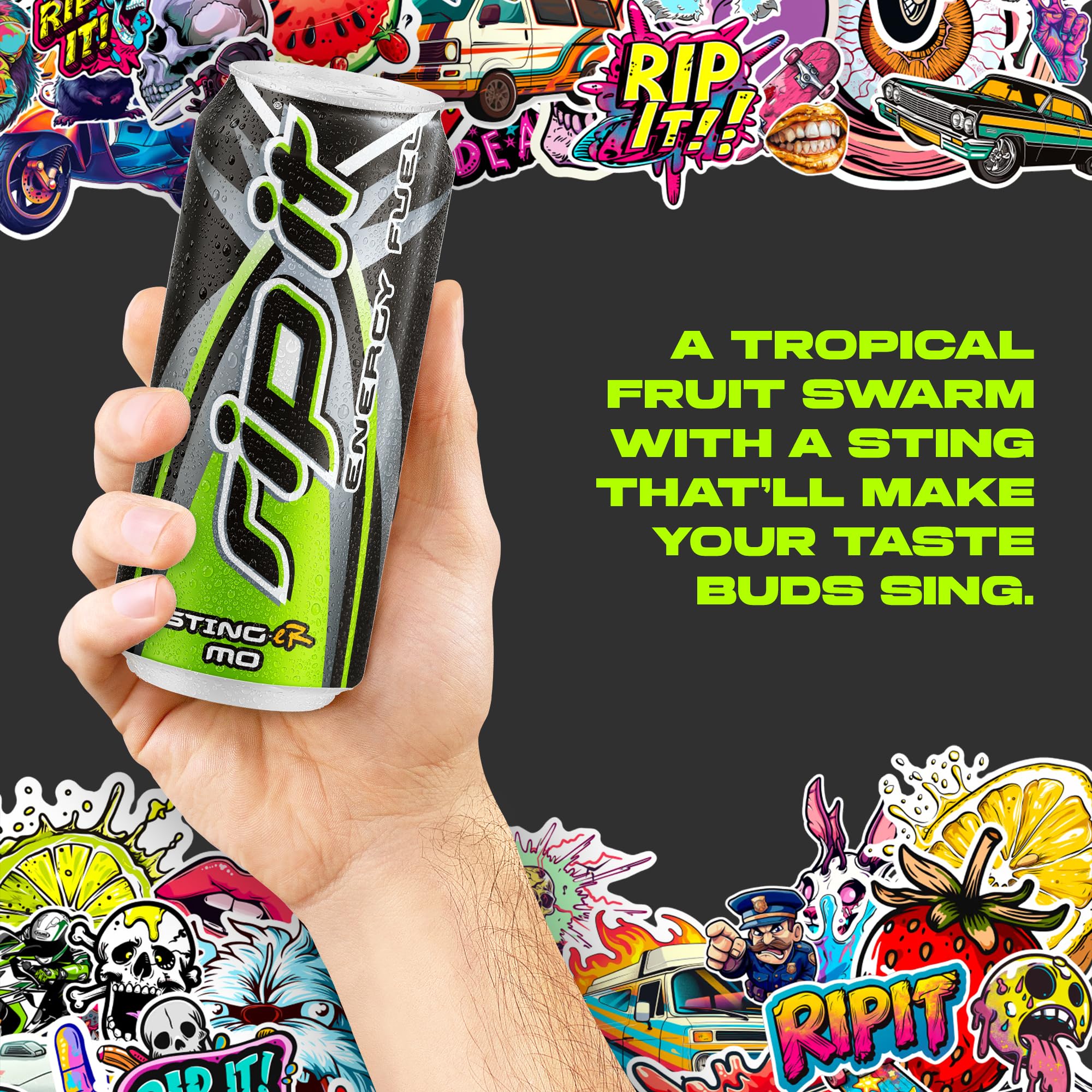 12-pack Rip-It Sting-Er Mo packaging for on-the-go refreshment