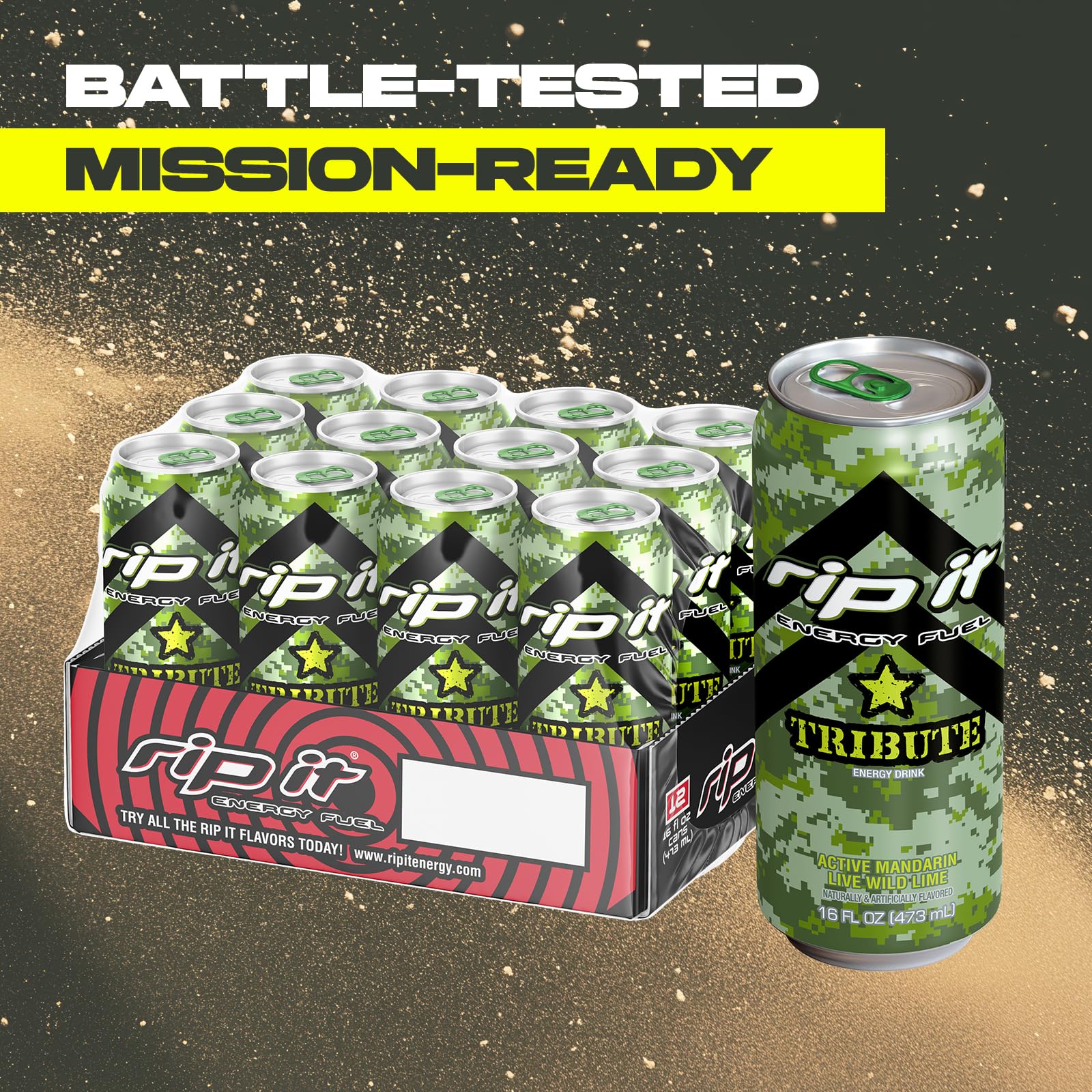 Rip-It Tribute 160mg caffeine graphic emphasizes a bold energy option.