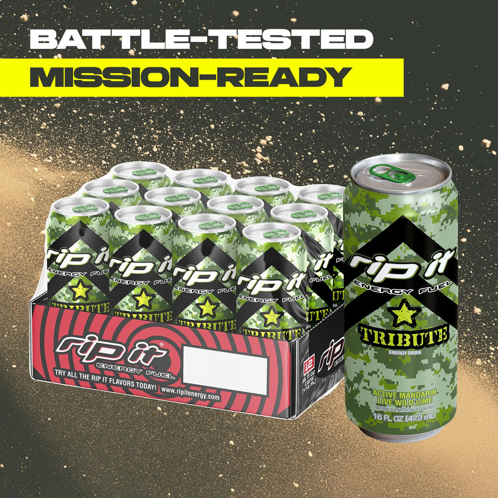 Rip-It Tribute 160mg caffeine graphic emphasizes a bold energy option.