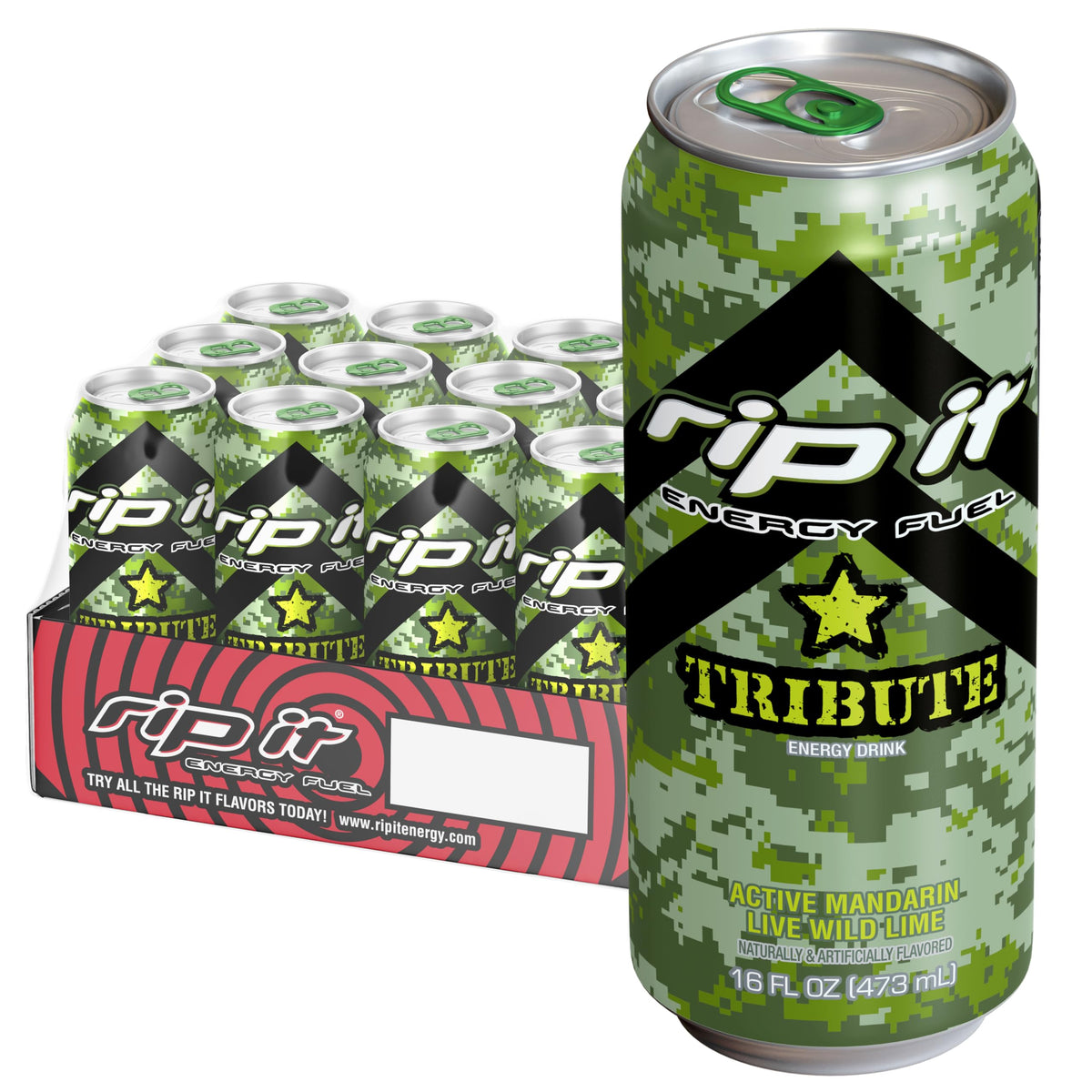 Rip-It Tribute 16oz can front view, vibrant citrus flavor for quick energy.