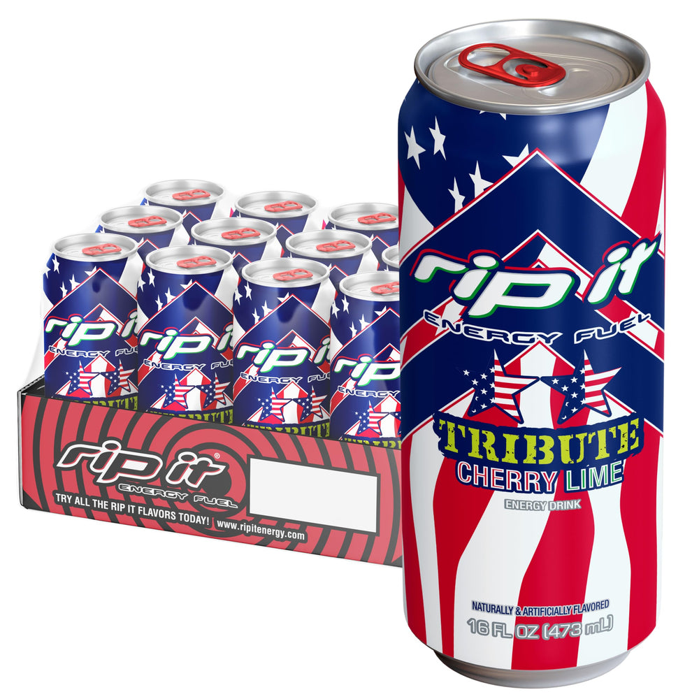 Rip-It Tribute Cherry Lime 16oz can front view highlights bold flavor and energy.