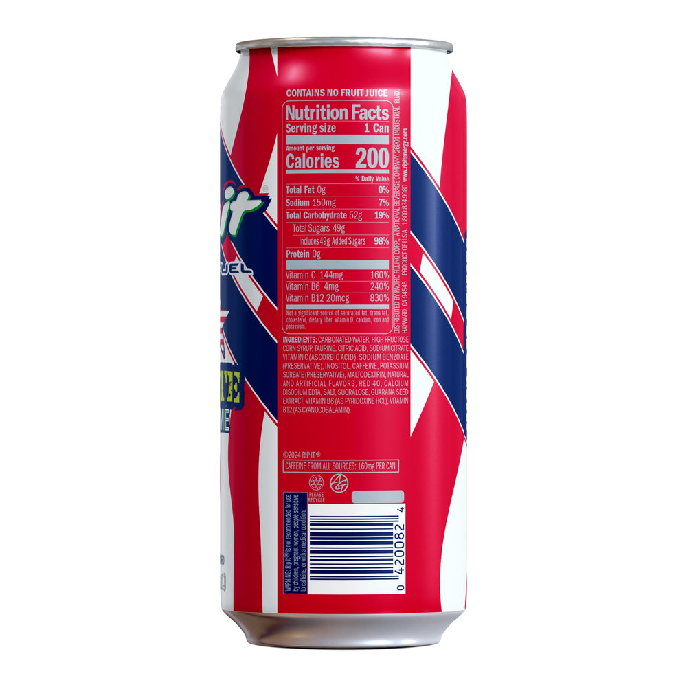 Rip-It Tribute Cherry Lime can close-up with nutrition label for informed choices.
