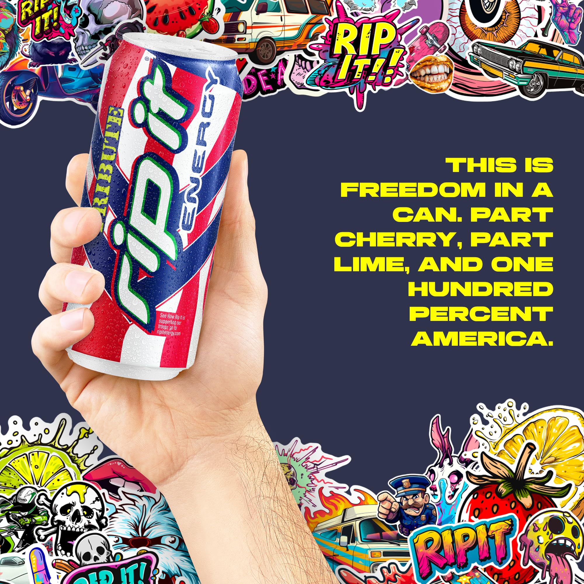 Rip-It Tribute Cherry Lime packaging showcases USA heritage and trusted quality.