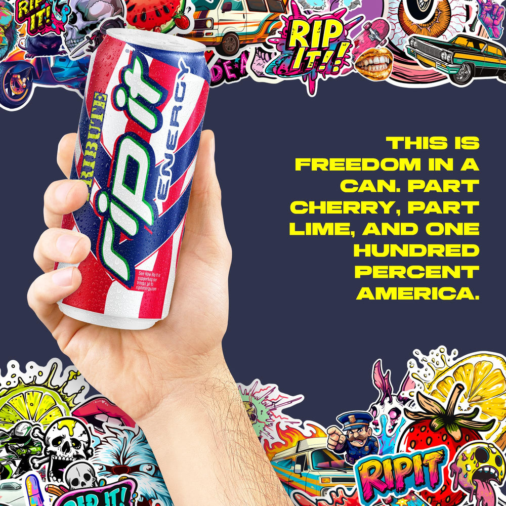 Rip-It Tribute Cherry Lime packaging showcases USA heritage and trusted quality.