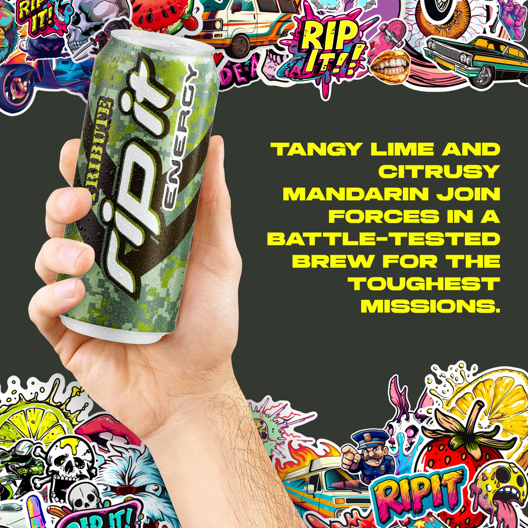 Rip-It Tribute promotional display with citrus vibe attracting attention.