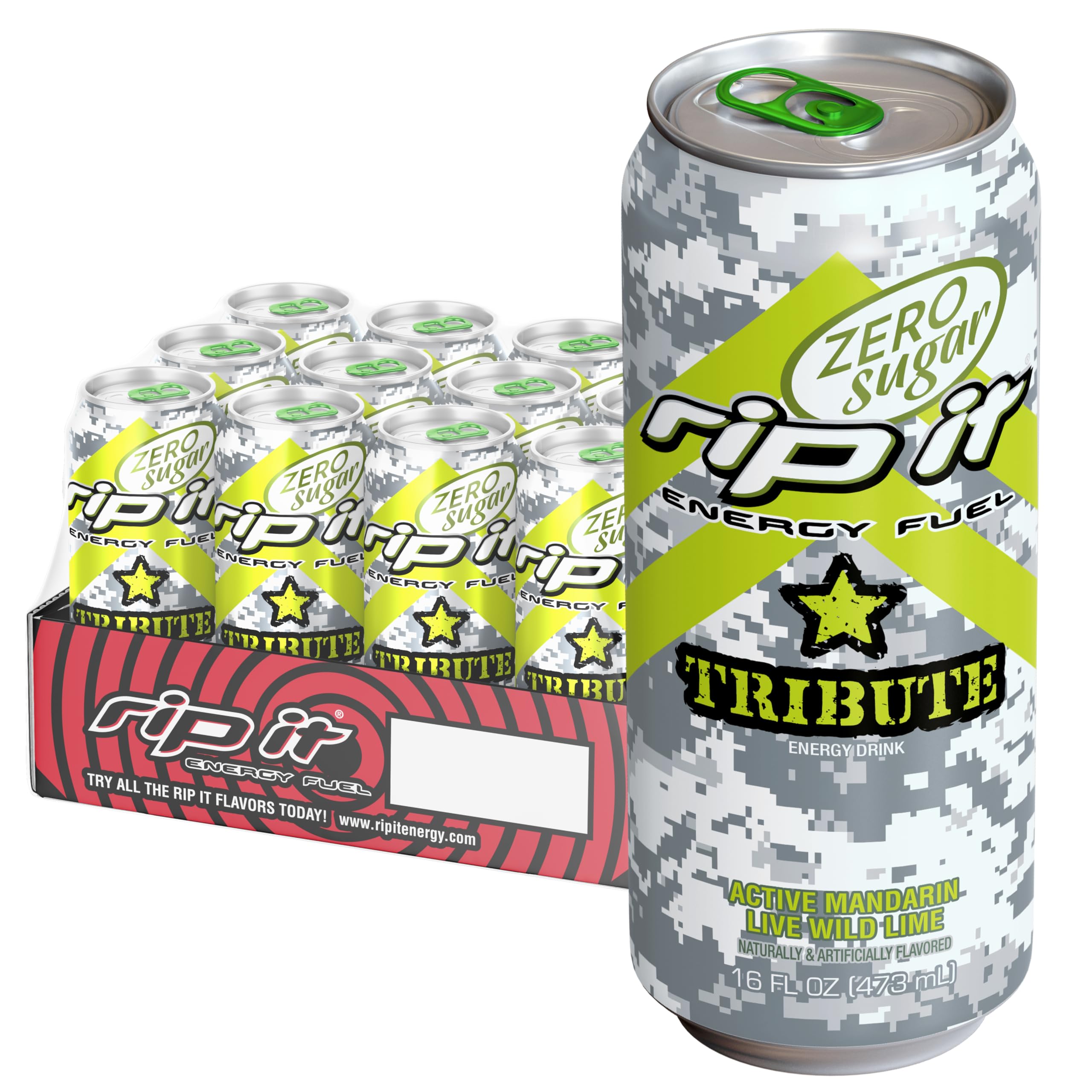 Rip-It Tribute zero sugar mandarin lime 16oz can for a quick energy boost.