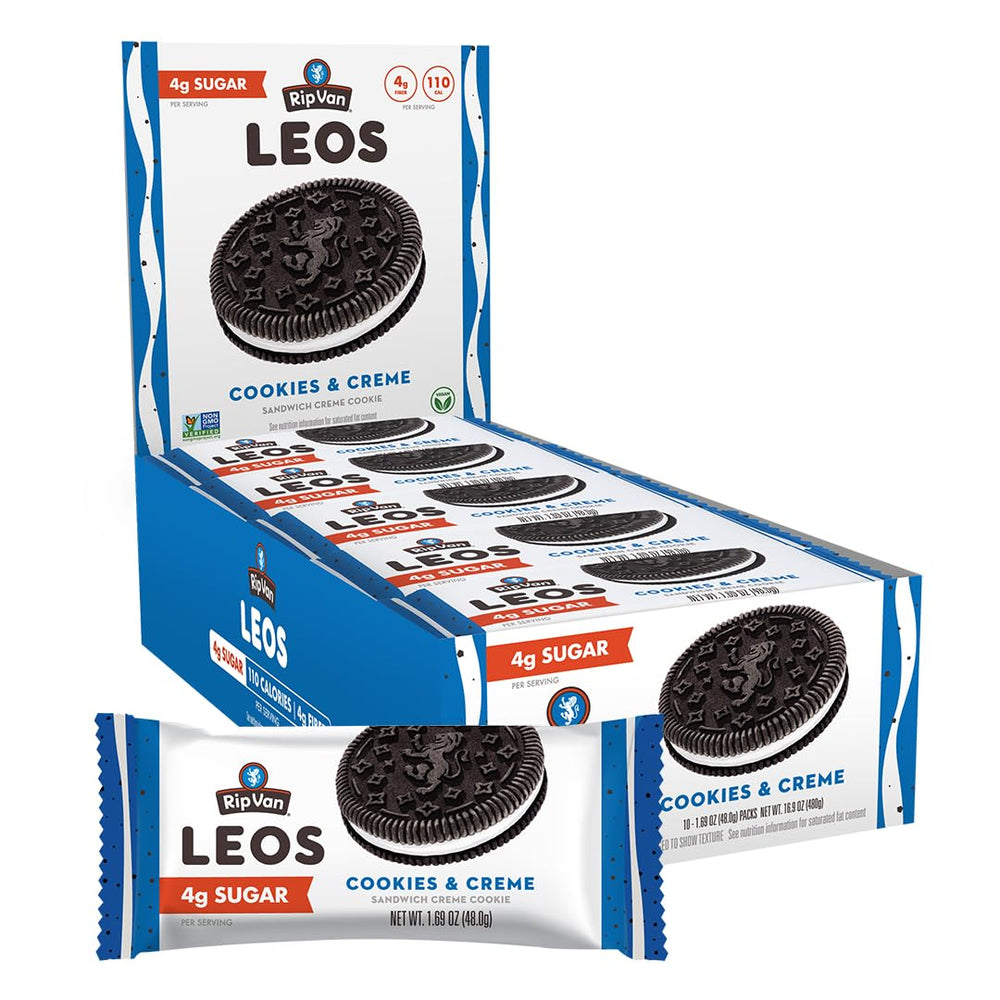 Rip Van Leos cookies and cream sandwich front showing a low-sugar snack for on-the-go enjoyment.