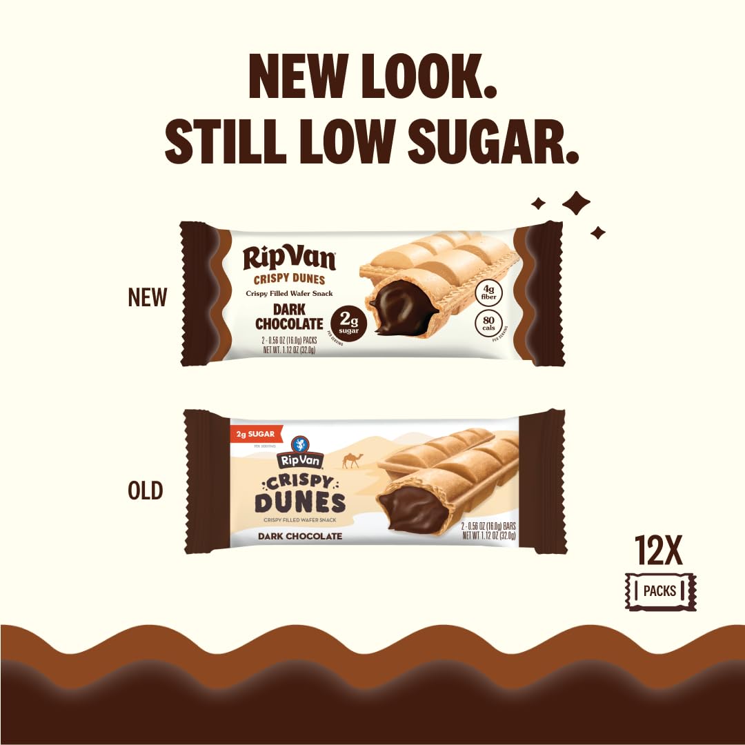 Rip Van Wafels Crispy Dunes at 90 calories per stick for mindful snacking.