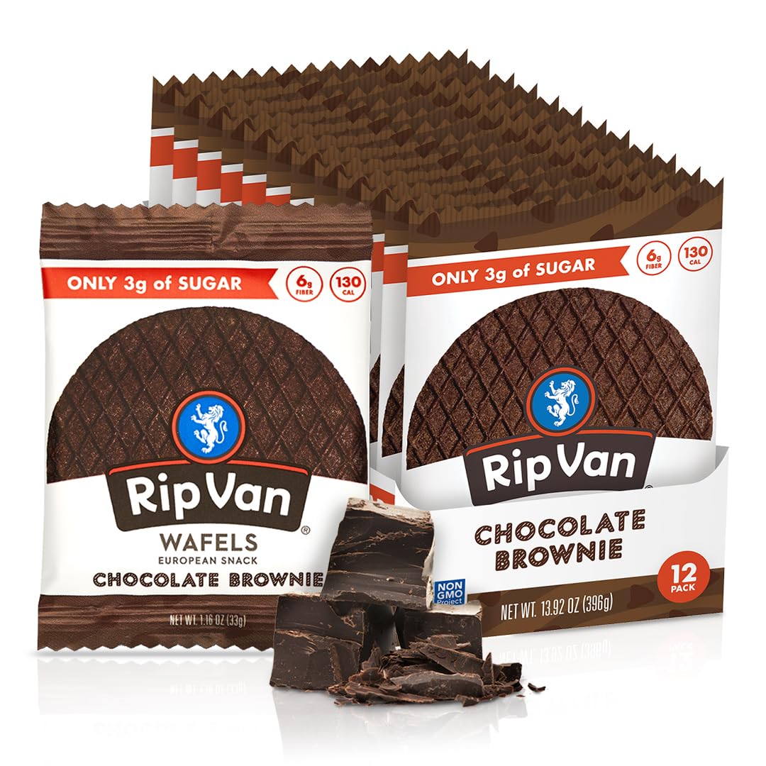 Rip Van Wafels Chocolate Brownie Stroopwafels pack shot showing a low-sugar, healthy snack option