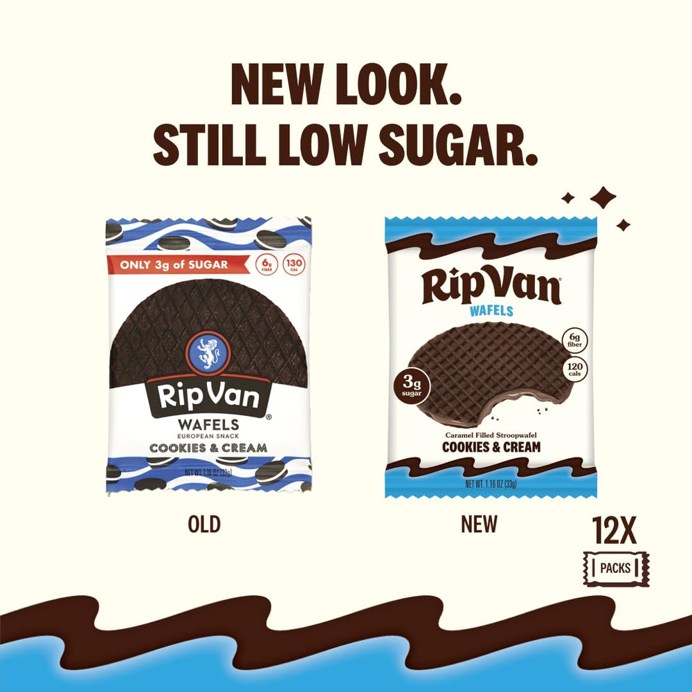 Rip Van Wafels Cookies & Cream stroopwafel cross-section reveals creamy filling and crisp wafer
