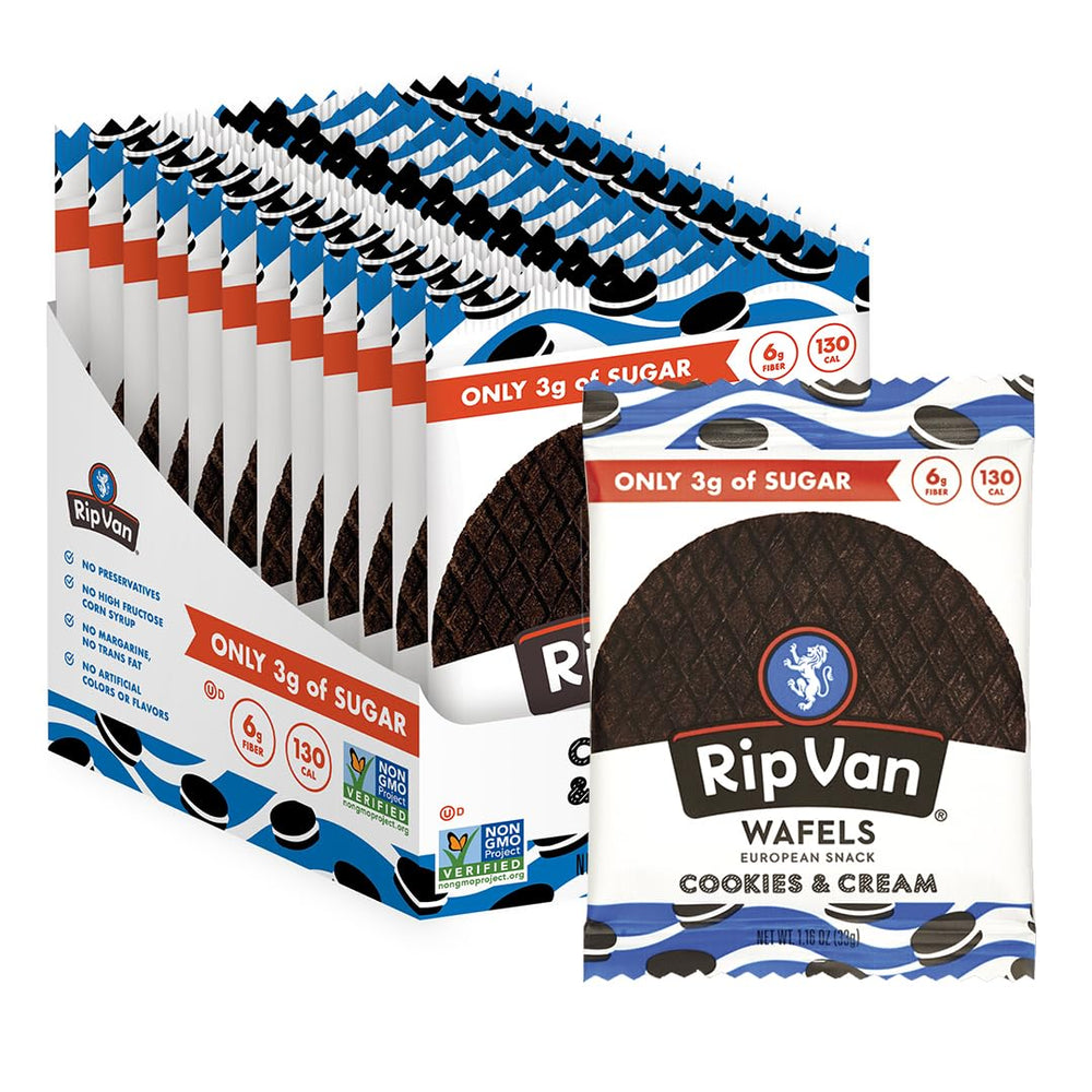 Rip Van Wafels Cookies & Cream stroopwafel pack, a wholesome low-sugar snack option