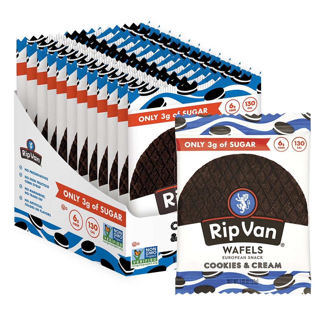 Rip Van Wafels Cookies & Cream stroopwafel pack, a wholesome low-sugar snack option