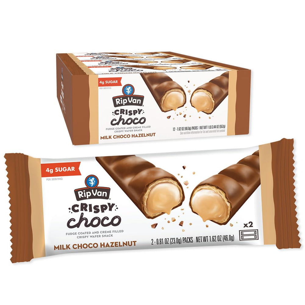 Rip Van Wafels Crispy Choco wafer bar with milk chocolate coating, ideal for a satisfying, low-sugar snack.
