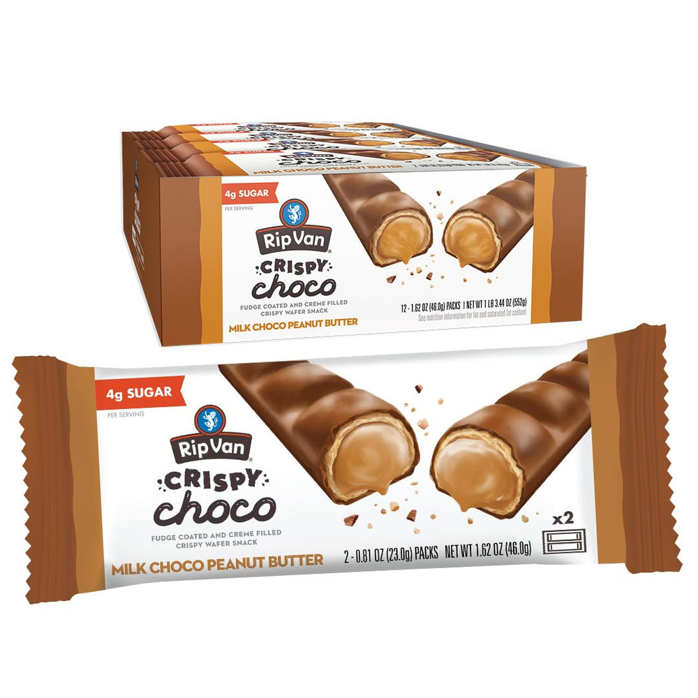 Rip Van Wafels Crispy Choco wafer bar pack offers a crispy texture for a satisfying snack.