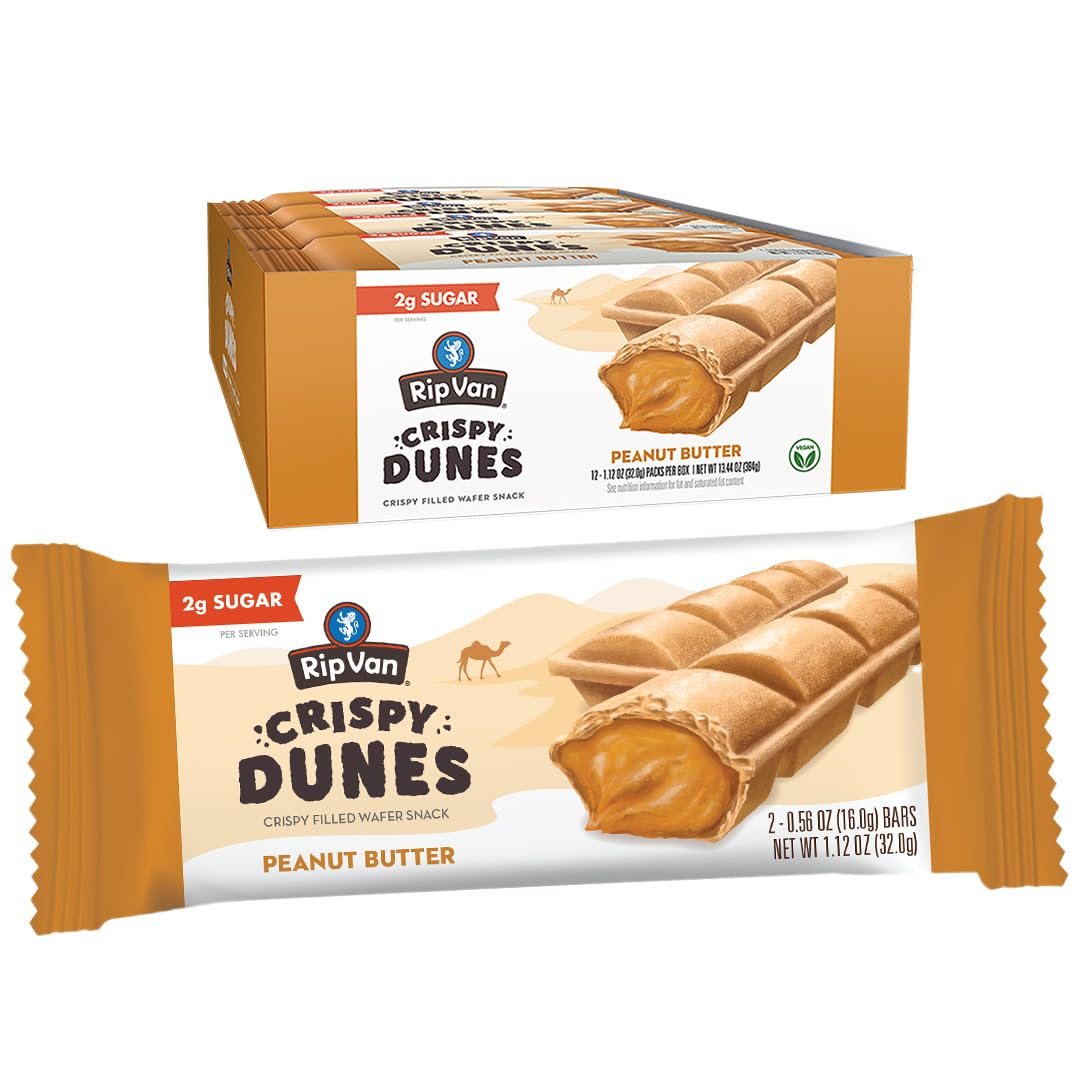 Rip Van Wafels Crispy Dunes peanut butter wafer sticks in a pack, a low-calorie snack option.