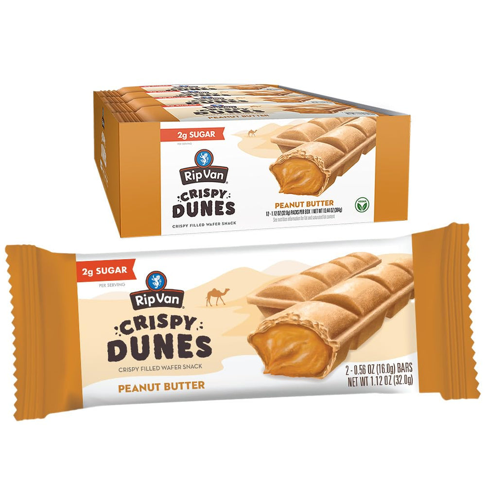 Rip Van Wafels Crispy Dunes peanut butter wafer sticks in a pack, a low-calorie snack option.