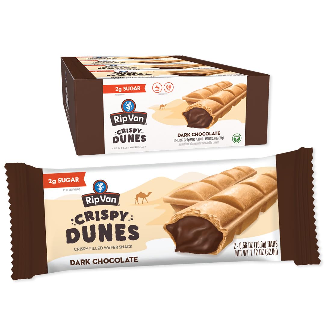 Rip Van Wafels Crispy Dunes wafer shell, a delicate crunch for on-the-go snacking.