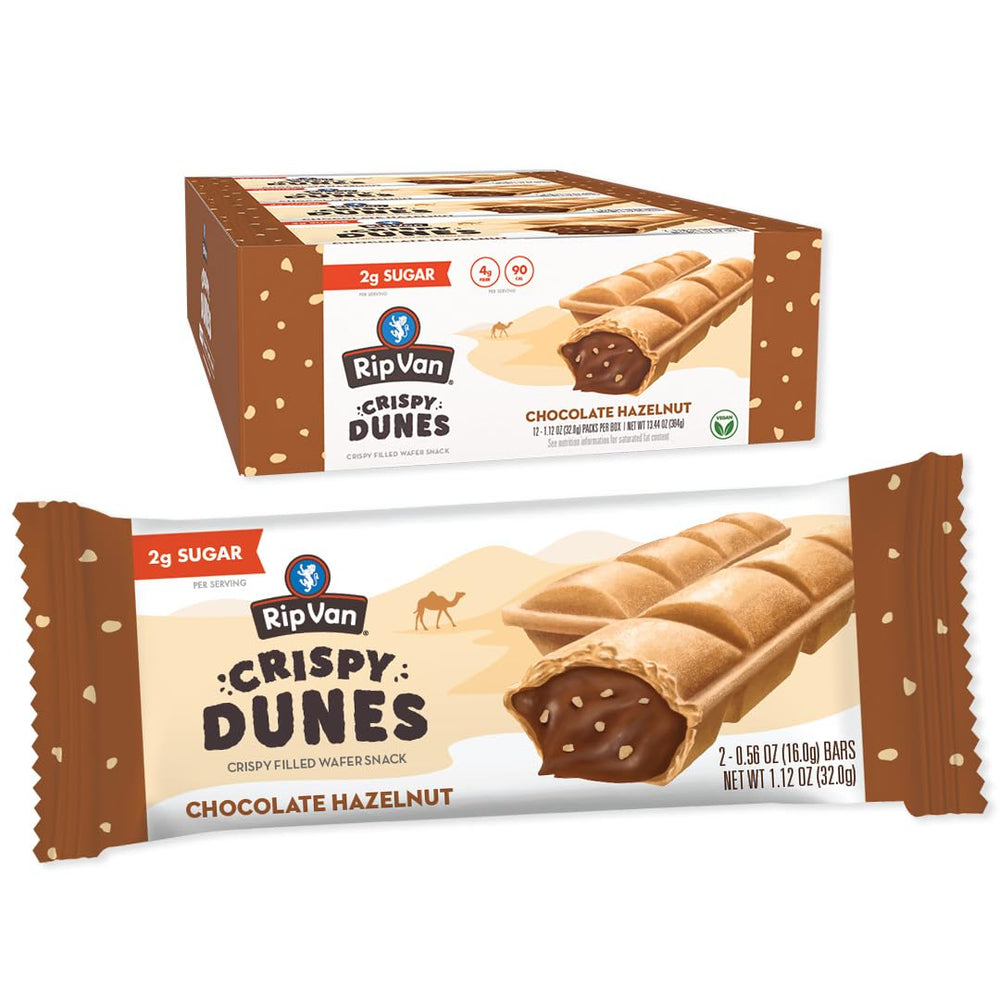 Rip Van Wafels Crispy Dunes wafer stick with indulgent hazelnut chocolate flavor