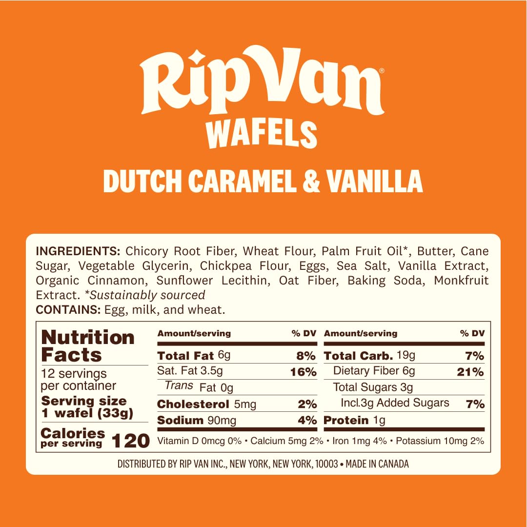 Close-up of Rip Van Wafels Dutch Caramel & Vanilla stroopwafel showing natural ingredients.