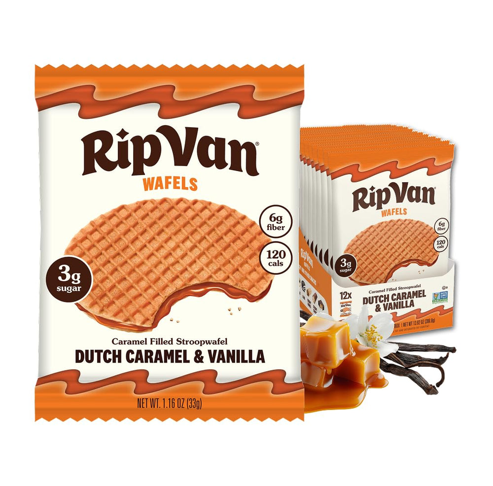 Rip Van Wafels packaging and wafers, ideal for a convenient office snack.