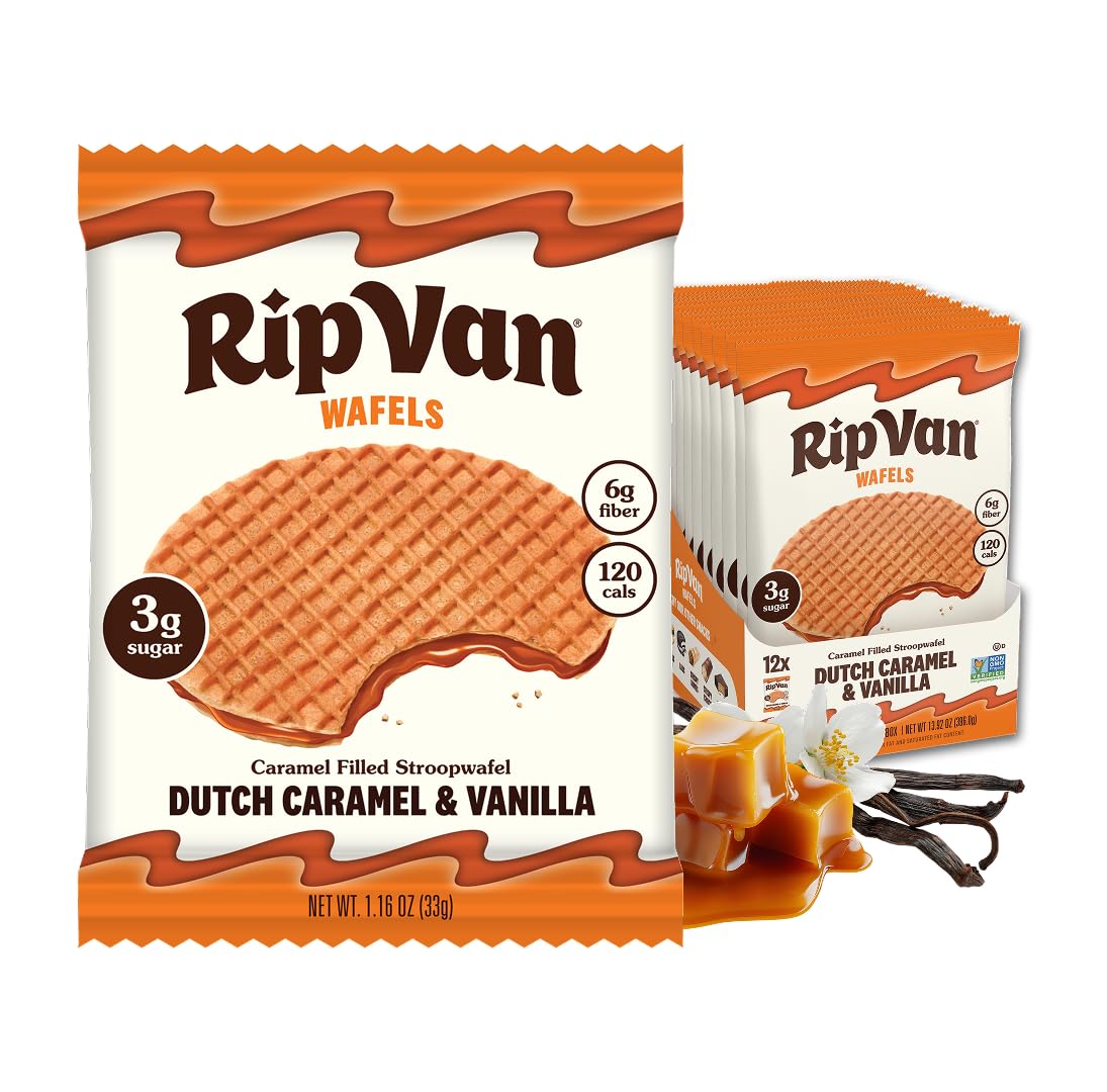 Rip Van Wafels packaging and wafers, ideal for a convenient office snack.