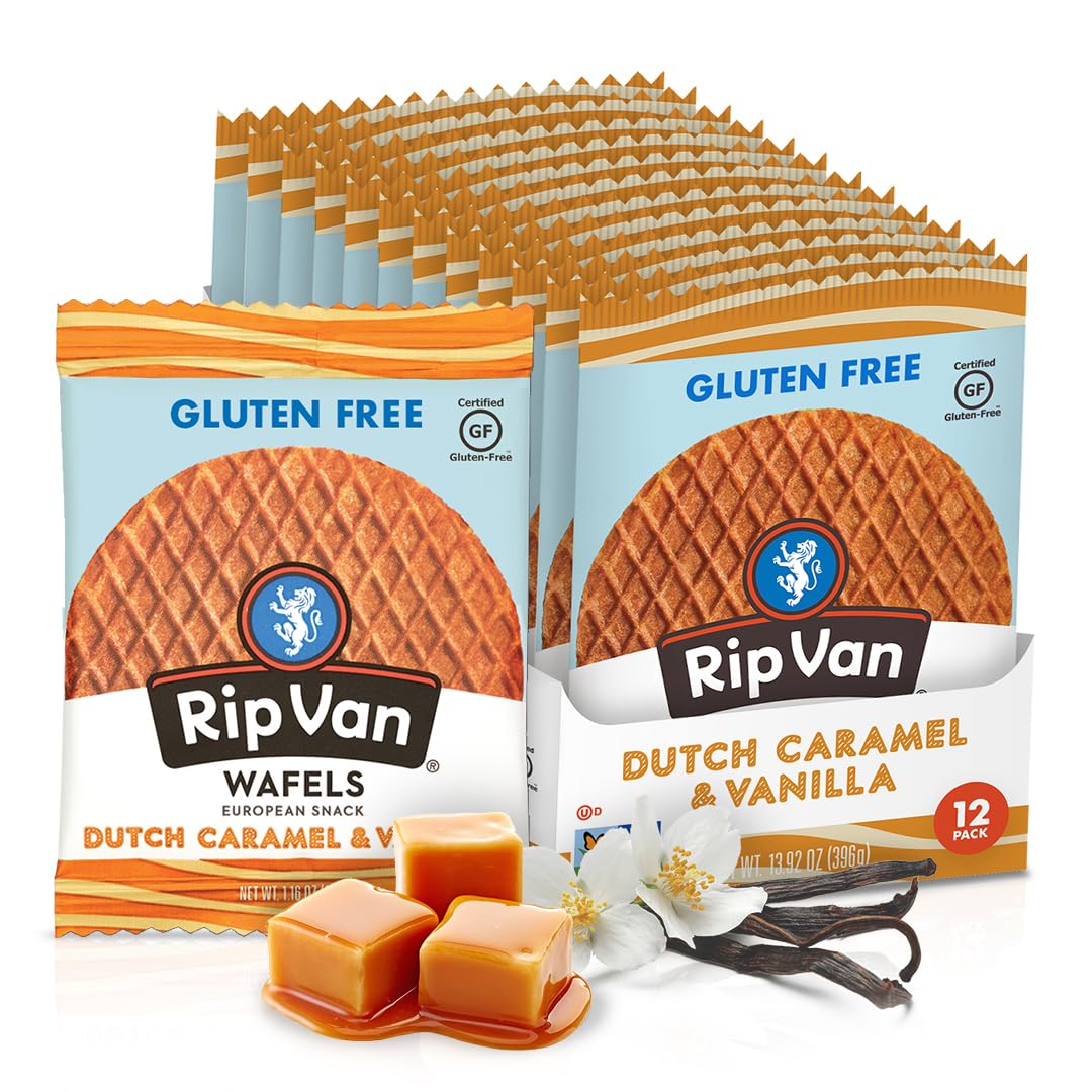 Rip Van Wafels gluten-free stroopwafel packaging for on-the-go snacking.