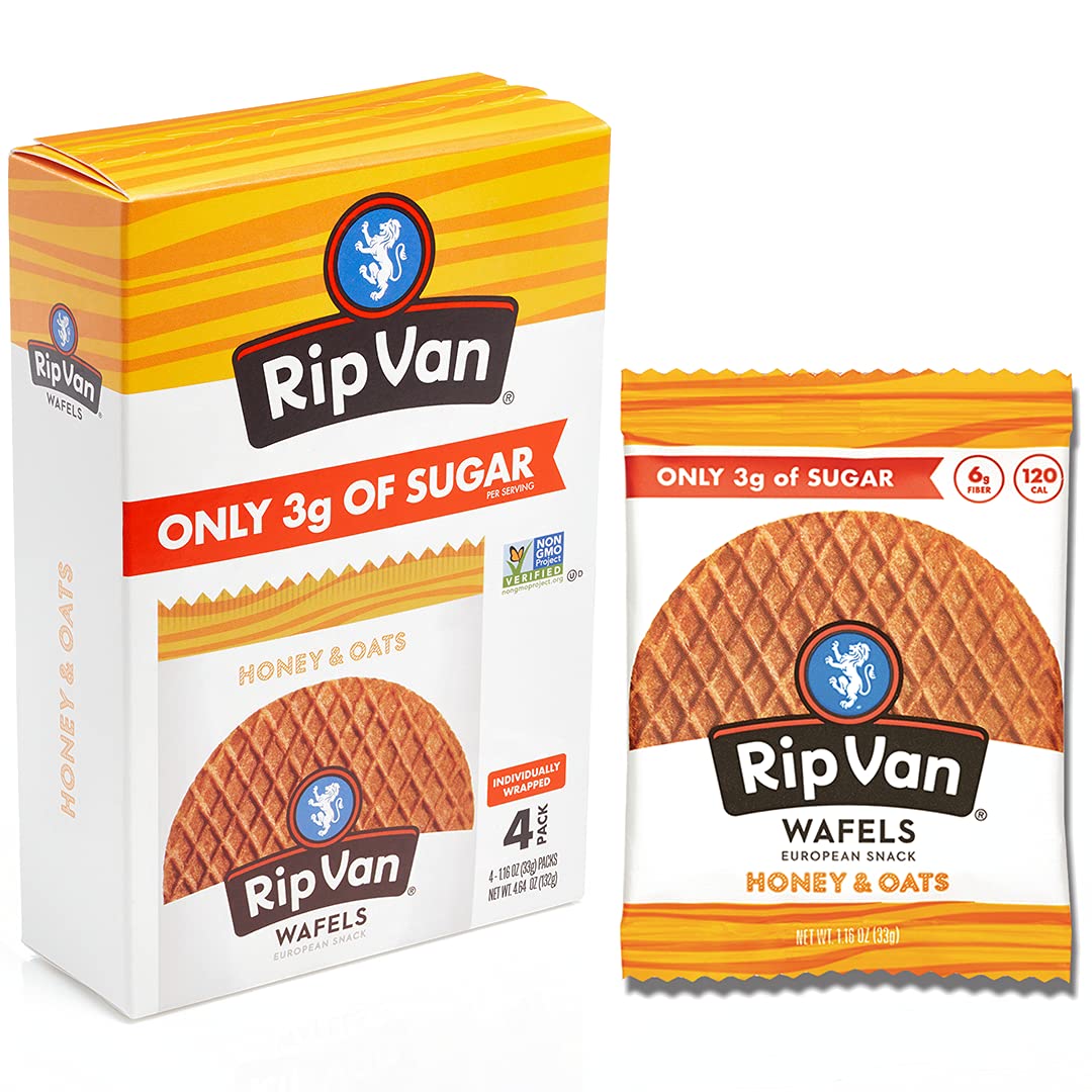 Rip Van Wafels Honey & Oats front-pack shot, convenient snack for on-the-go mornings.