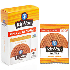 Rip Van Wafels Honey & Oats front-pack shot, convenient snack for on-the-go mornings.