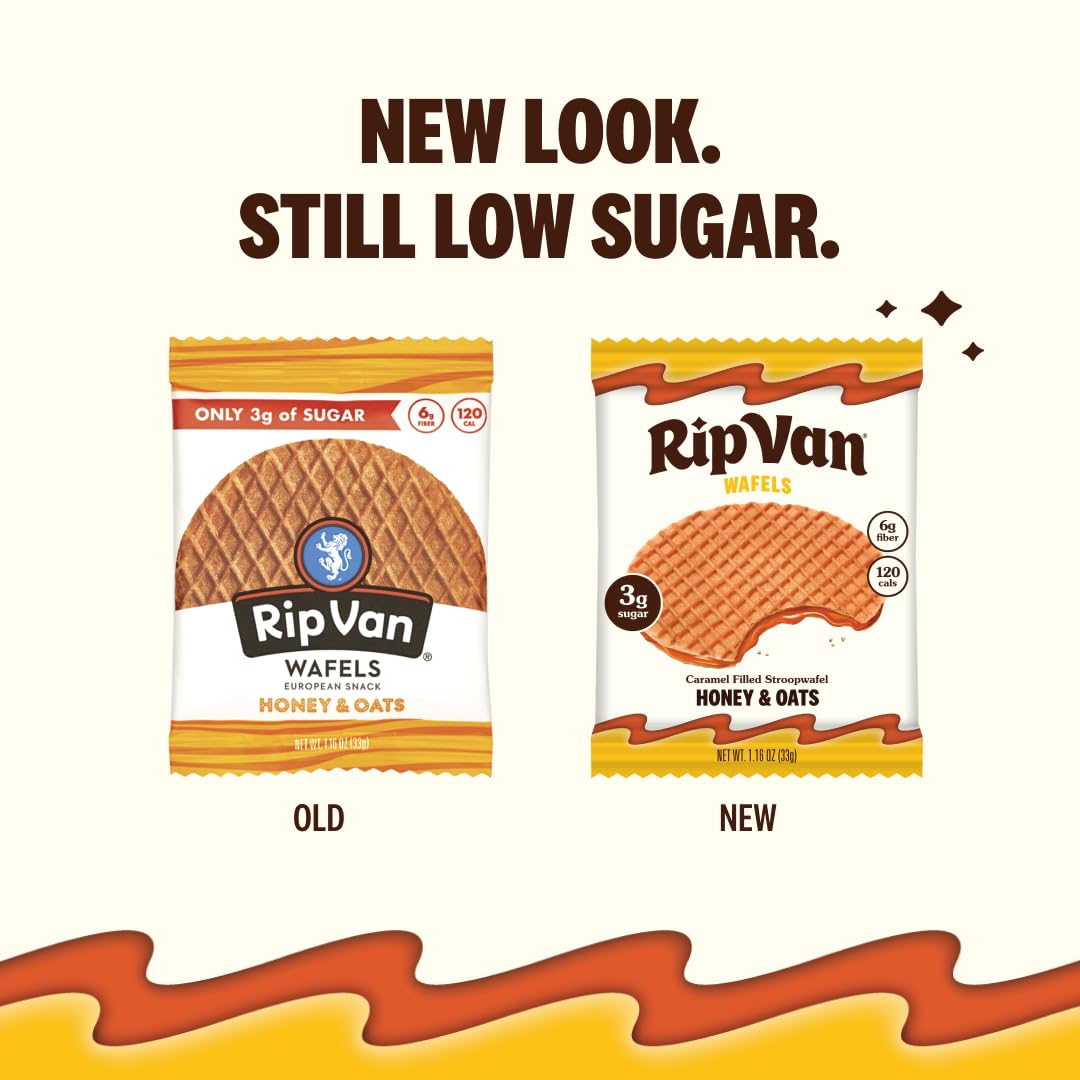 Rip Van Wafels Honey & Oats open wafers show chewy texture and natural sweetness