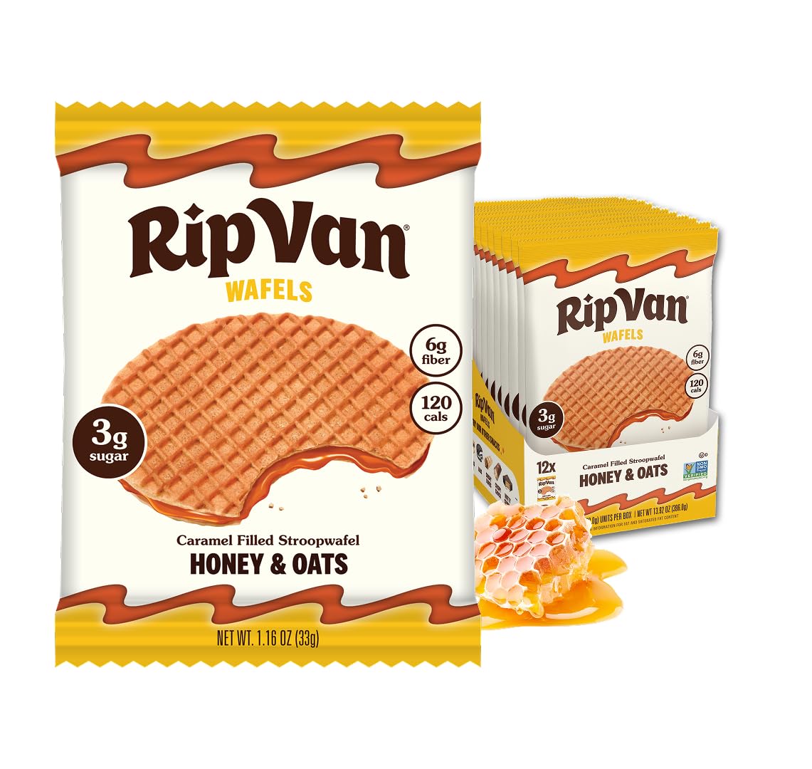 Rip Van Wafels Honey & Oats pack, a portable office snack with low sugar