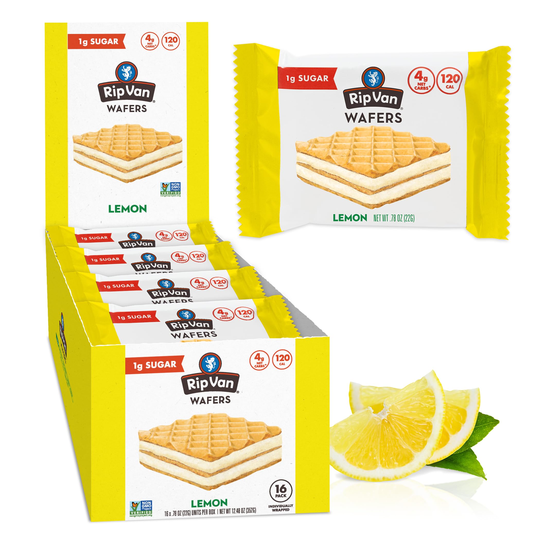 Rip Van Wafels Lemon Cookies packaging shown, ideal for on-the-go snacking