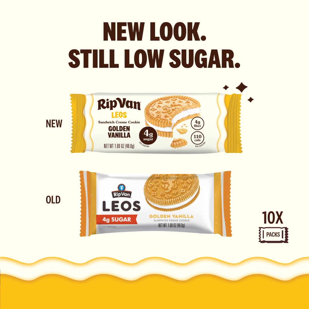 Rip Van Wafels LEOs packaging highlights 4 g sugar and ingredients for a lighter dessert.