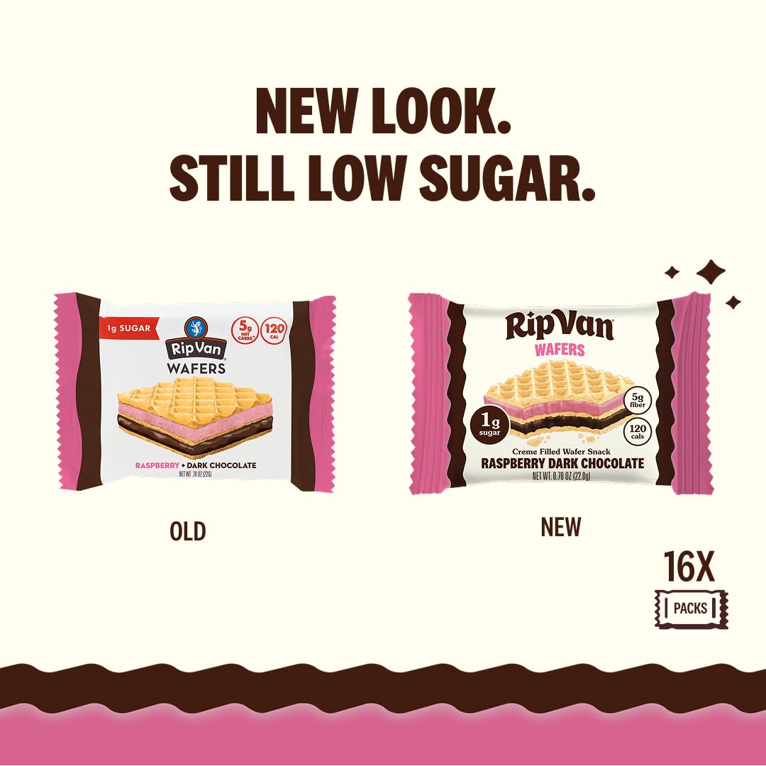 Rip Van Wafels Raspberry wafers with visible raspberries offer a tasty low-sugar option