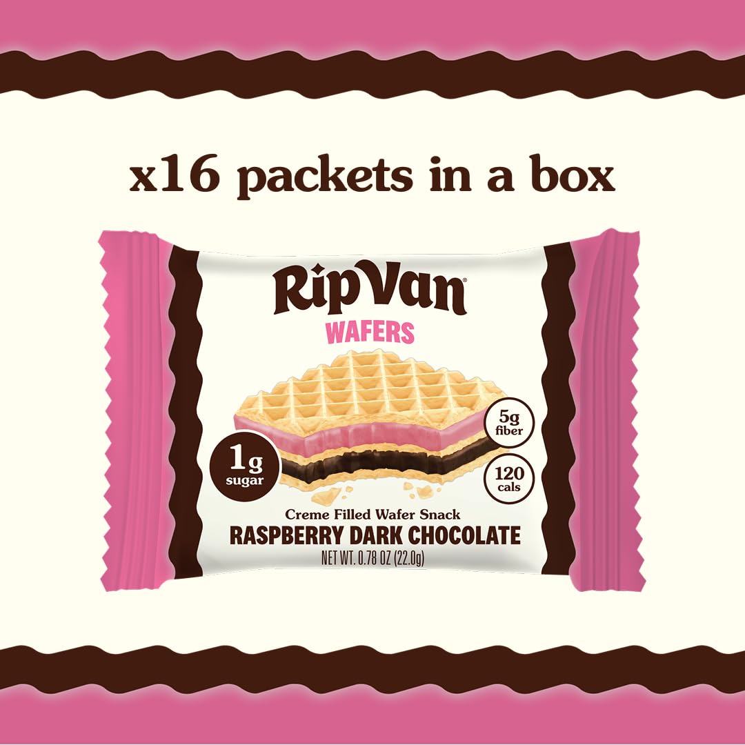 Rip Van Wafels raspberry dark chocolate bite close-up for a premium snack