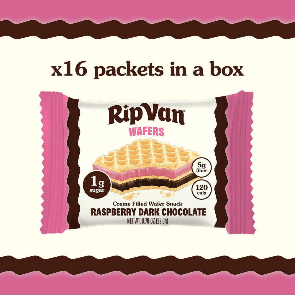 Rip Van Wafels raspberry dark chocolate bite close-up for a premium snack