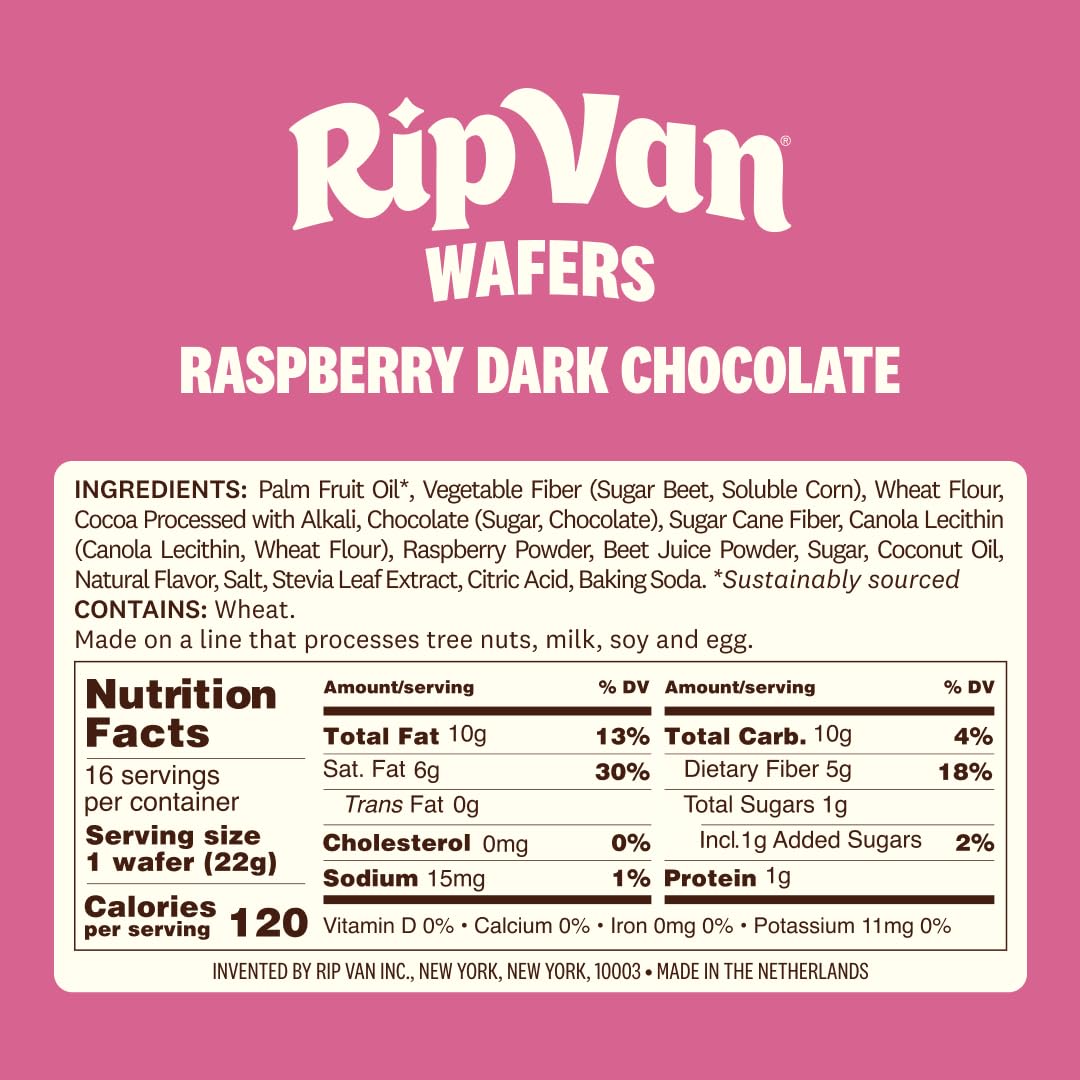 Rip Van Wafels wafer slice shows raspberry and chocolate layers for authentic flavor