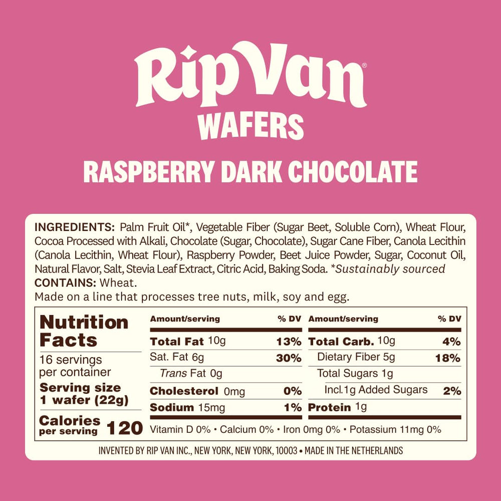 Rip Van Wafels wafer slice shows raspberry and chocolate layers for authentic flavor