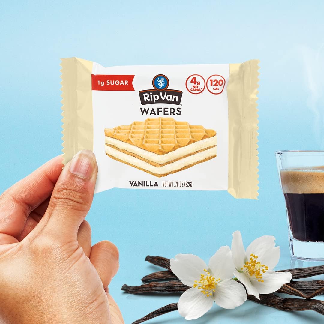 Rip Van Wafels vanilla keto wafer 16-count pack, convenient multi-pack.