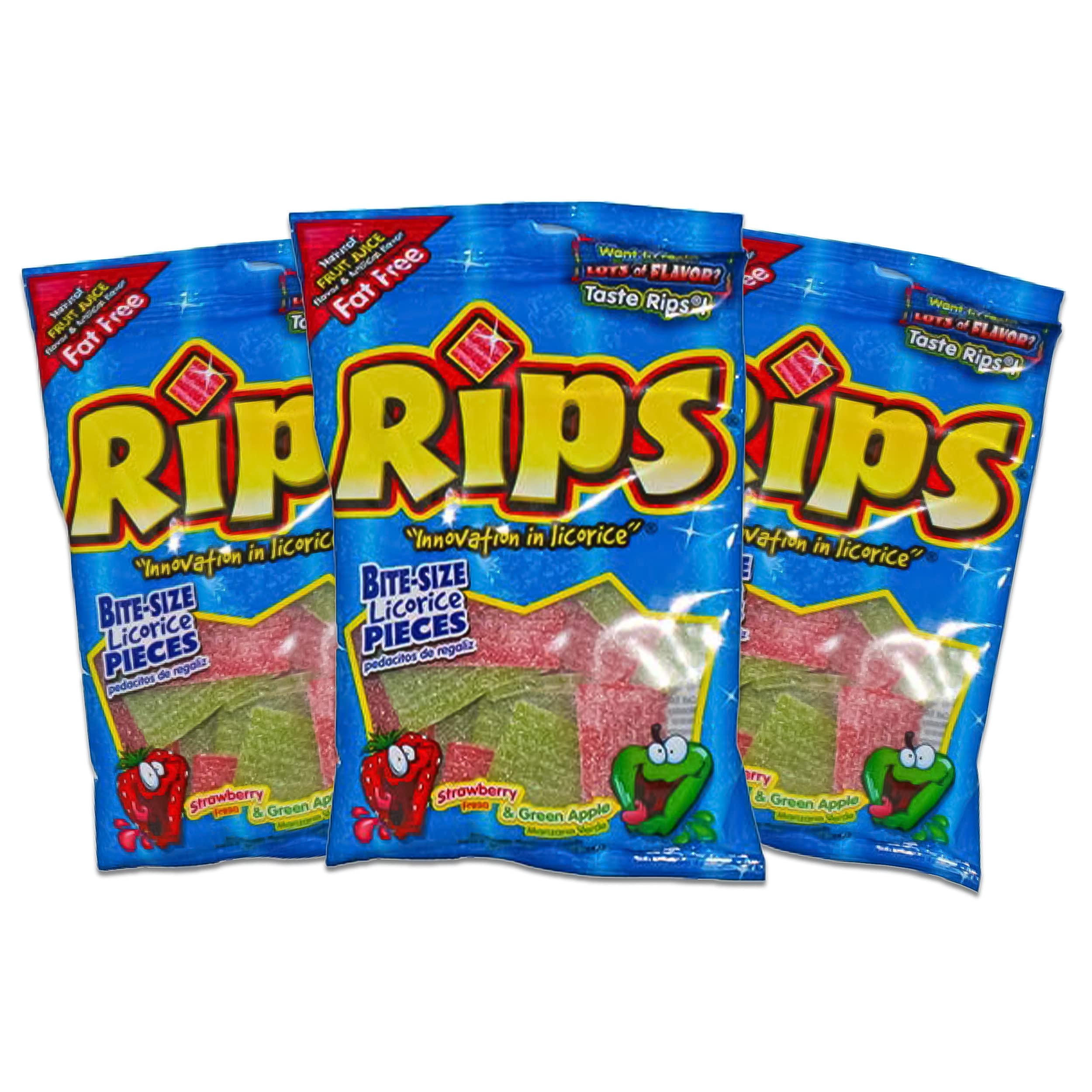 RIPS Licorice Bite Size Candy in strawberry and green apple, fat-free and ideal for on-the-go snacking.