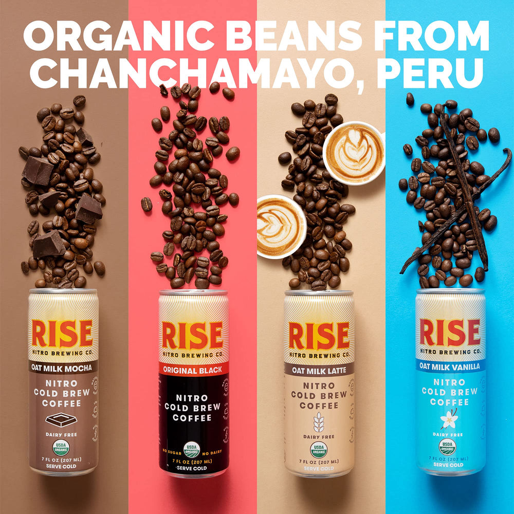 RISE Oat Milk Latte Nitro Cold Brew can, smooth, lower-acidity option for quick caffeine.